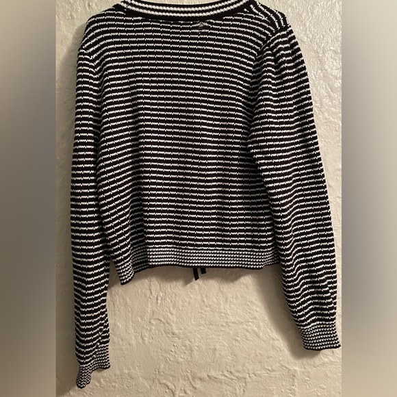 Nicole Miller black/white striped cardigan with pearl buttons, black bows;size L - Picture 5 of 8